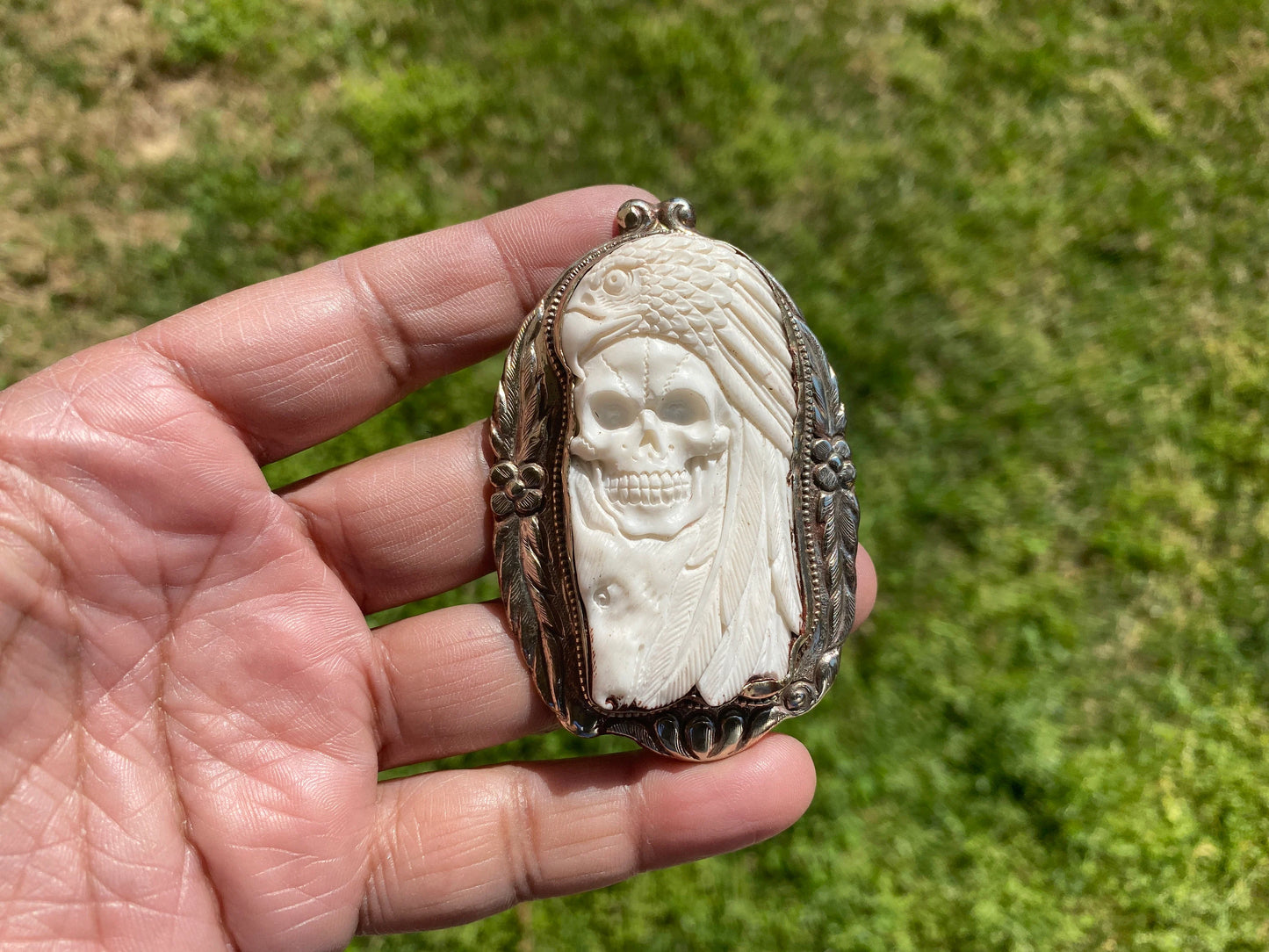 Large Skull with Eagle Carved Buffalo Bone Tibetan Silver Pendant, Unisex Skull Pendant, Jewelry for Men or Women, Sugar Skull, Skeleton