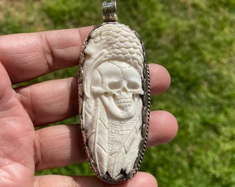 Large Skull with Eagle Carved Buffalo Bone Tibetan Silver Pendant, Unisex Skull Pendant, Jewelry for Men or Women, Sugar Skull, Skeleton