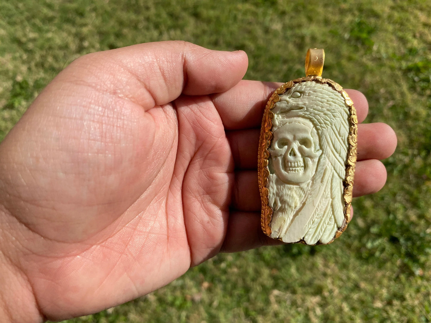 Large Skull with Eagle Pendant, High Quality 18K Brushed Gold Overlay Non Tarnish, Carved Buffalo Bone, Unisex Skull Pendant, Bikers Jewelry