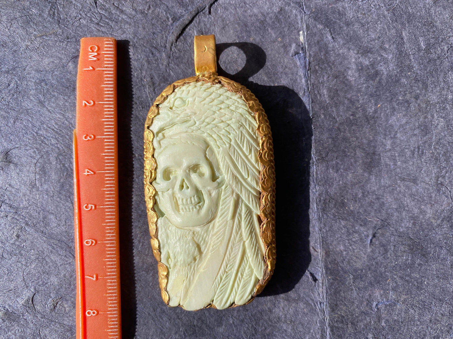Large Skull with Eagle Pendant, High Quality 18K Brushed Gold Overlay Non Tarnish, Carved Buffalo Bone, Unisex Skull Pendant, Bikers Jewelry