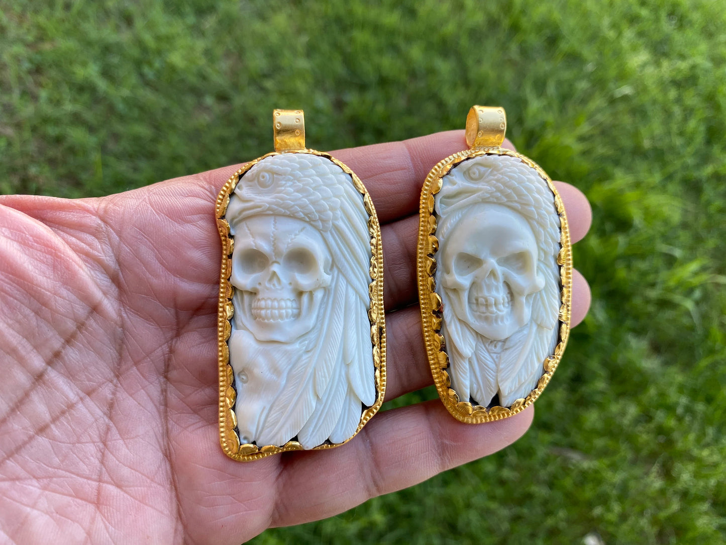 Large Skull with Eagle Pendant, High Quality 18K Matte Gold Overlay Non Tarnish, Carved Buffalo Bone, Unisex Skull Pendant, for Men or Women