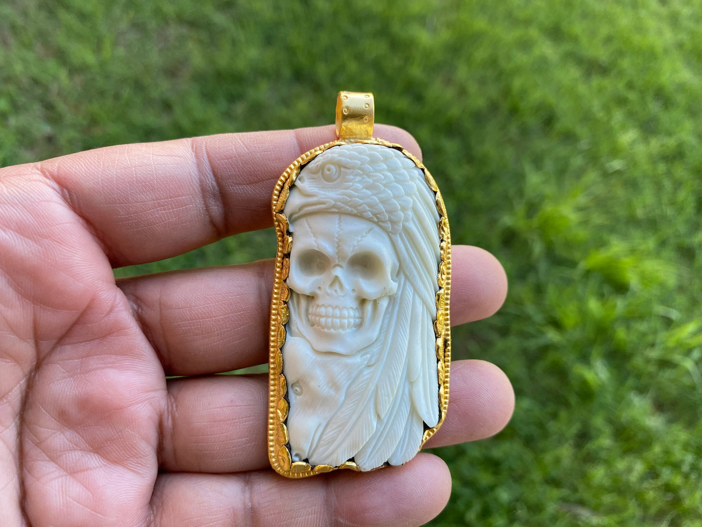 Large Skull with Eagle Pendant, High Quality 18K Matte Gold Overlay Non Tarnish, Carved Buffalo Bone, Unisex Skull Pendant, for Men or Women