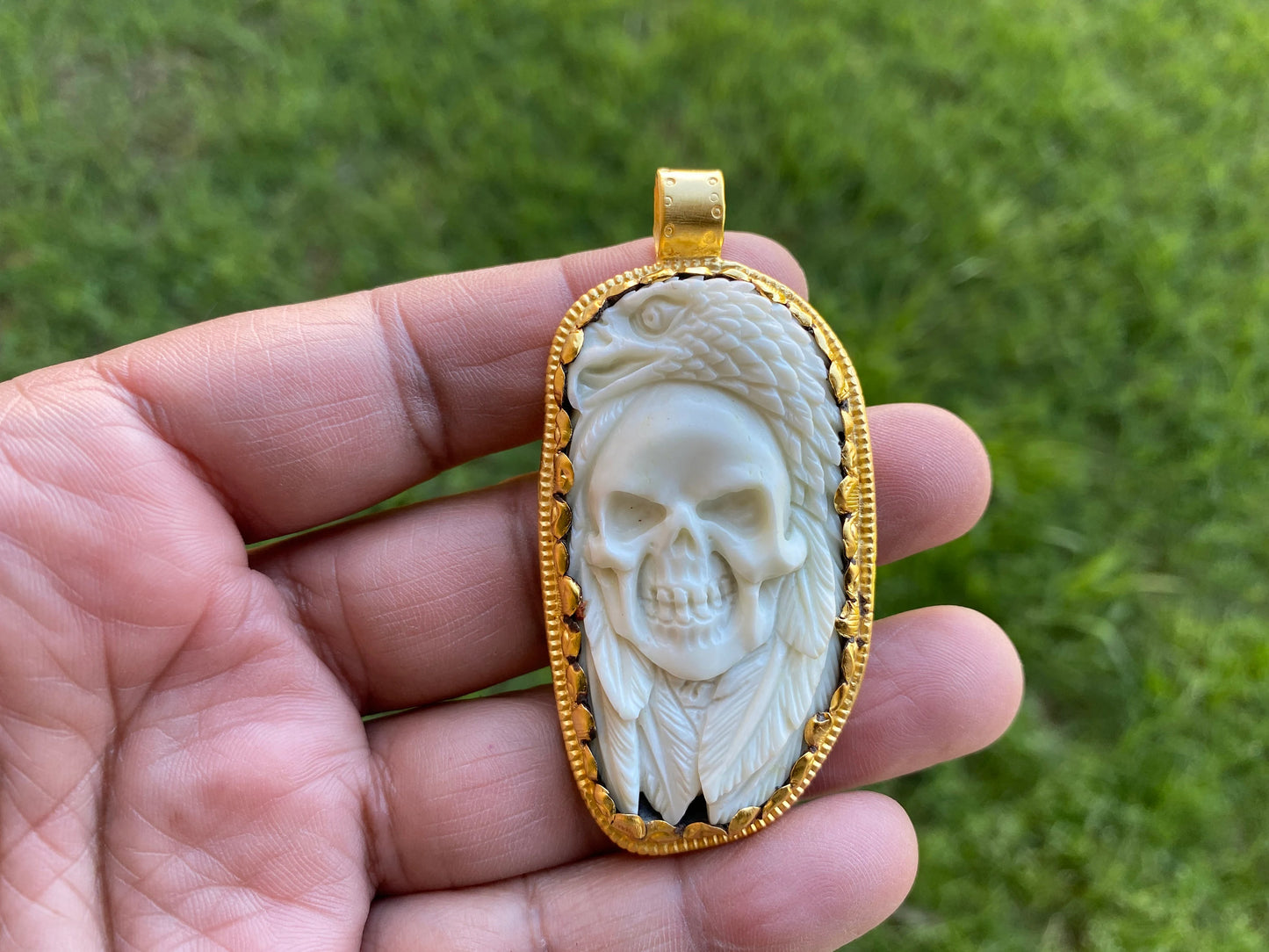 Large Skull with Eagle Pendant, High Quality 18K Matte Gold Overlay Non Tarnish, Carved Buffalo Bone, Unisex Skull Pendant, for Men or Women