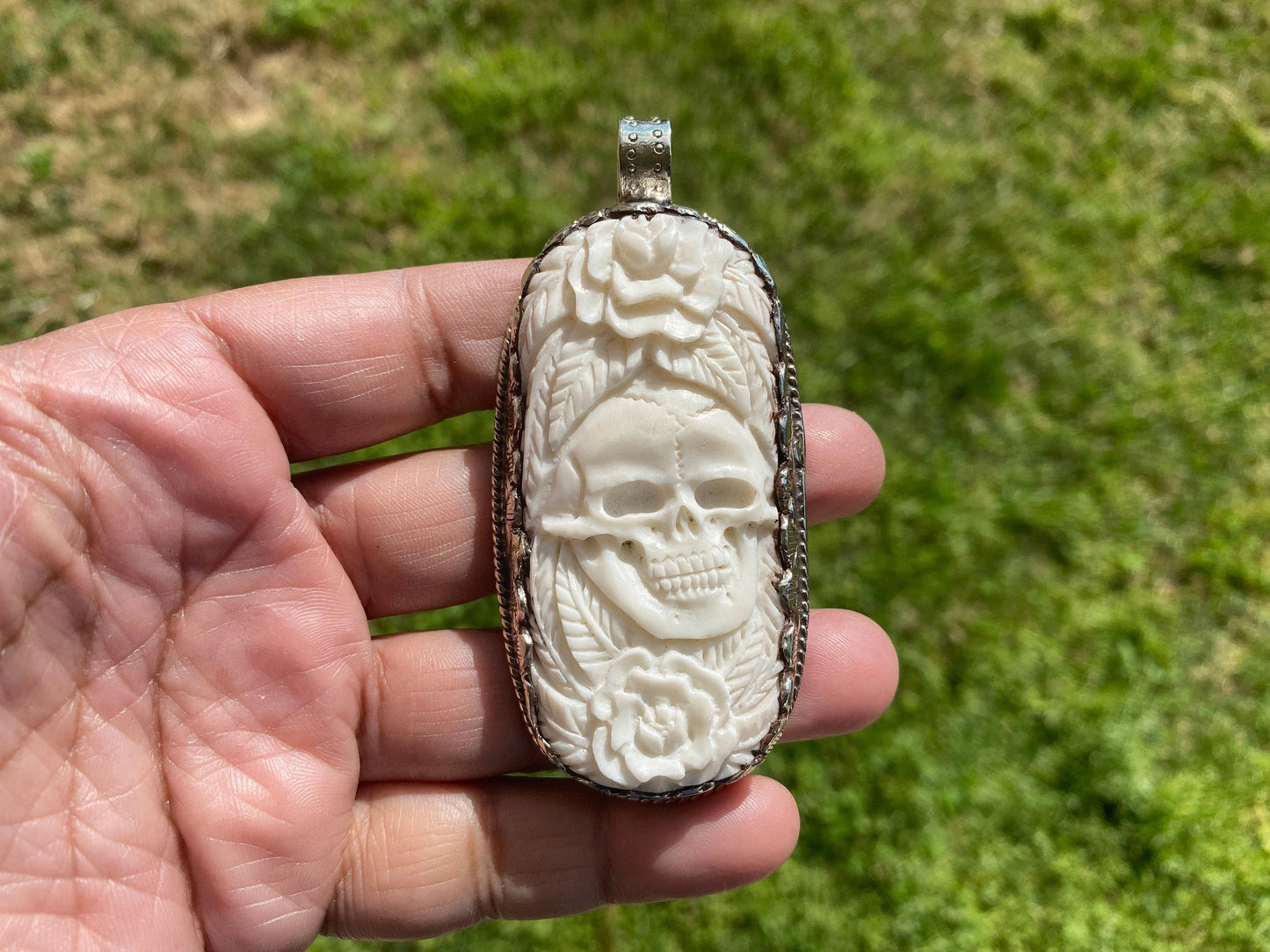 Large Skull with Flower Carved Buffalo Bone Tibetan Silver Pendant, Unisex Skull Pendant, Jewelry for Men or Women, Sugar Skull, Skeleton