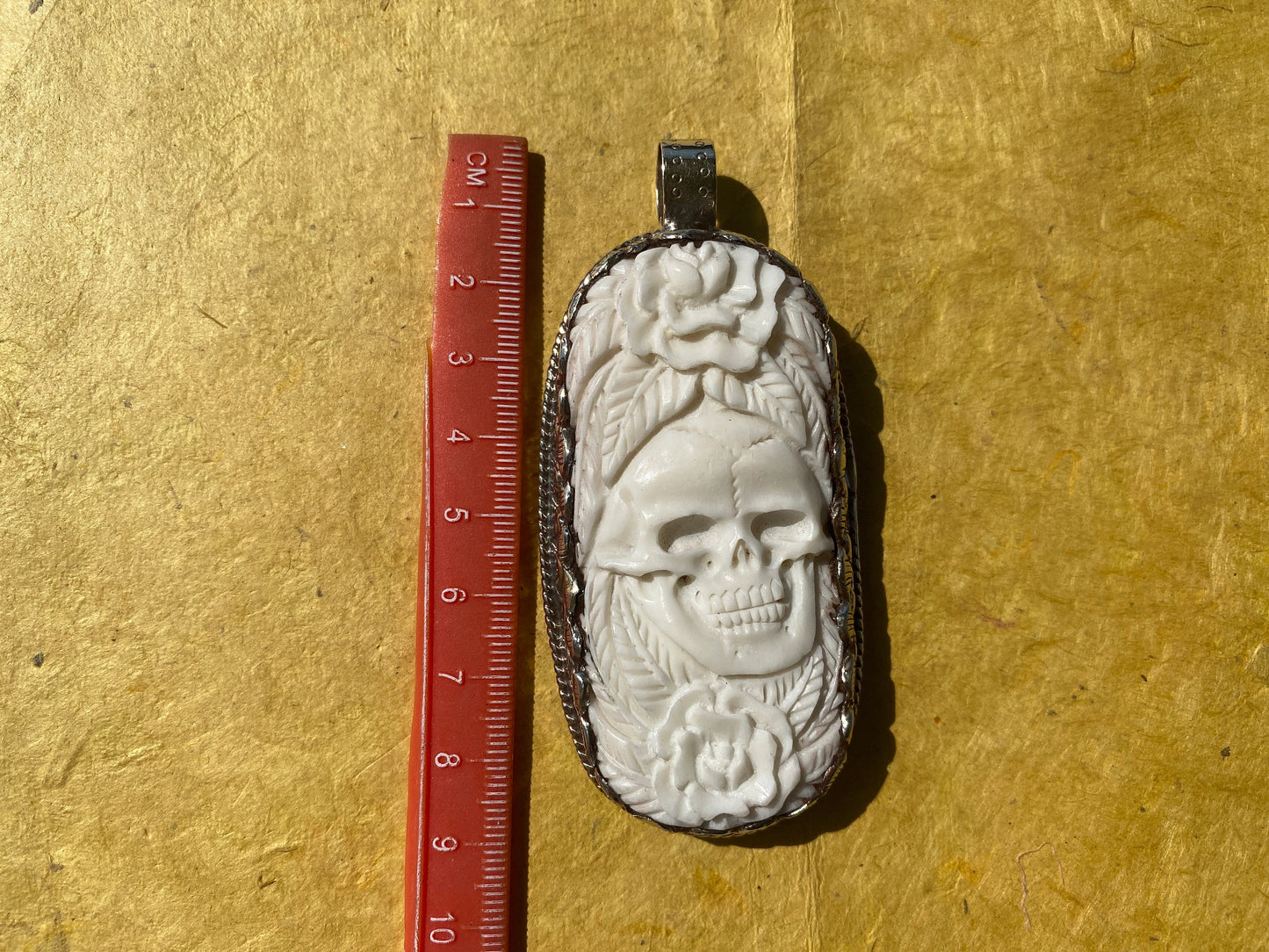 Large Skull with Flower Carved Buffalo Bone Tibetan Silver Pendant, Unisex Skull Pendant, Jewelry for Men or Women, Sugar Skull, Skeleton