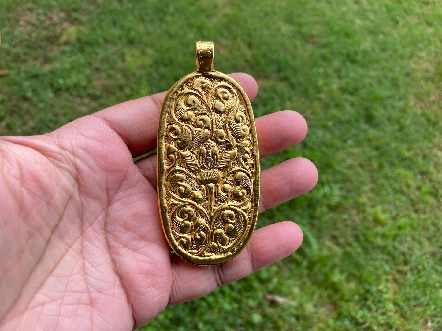 Large Skull with Flower Carved Buffalo Bone, High Quality 18K Matte Gold Overlay Non Tarnish Pendant, Unisex Skull Pendant, for Men or Women