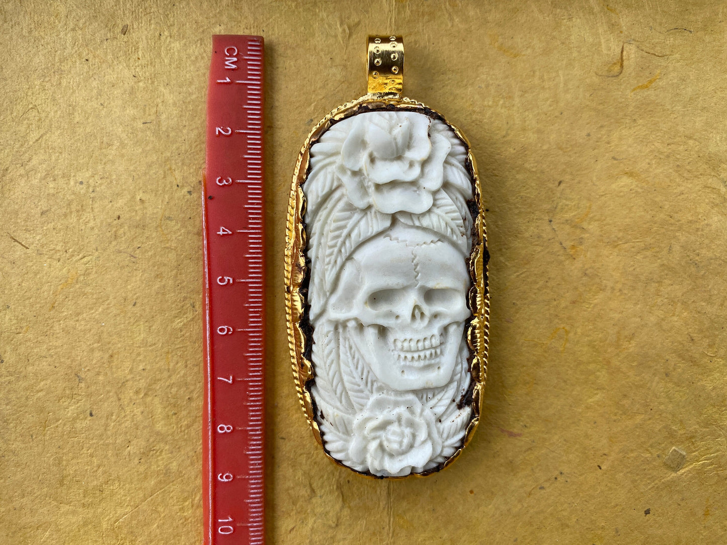 Large Skull with Flower Carved Buffalo Bone, High Quality 18K Matte Gold Overlay Non Tarnish Pendant, Unisex Skull Pendant, for Men or Women