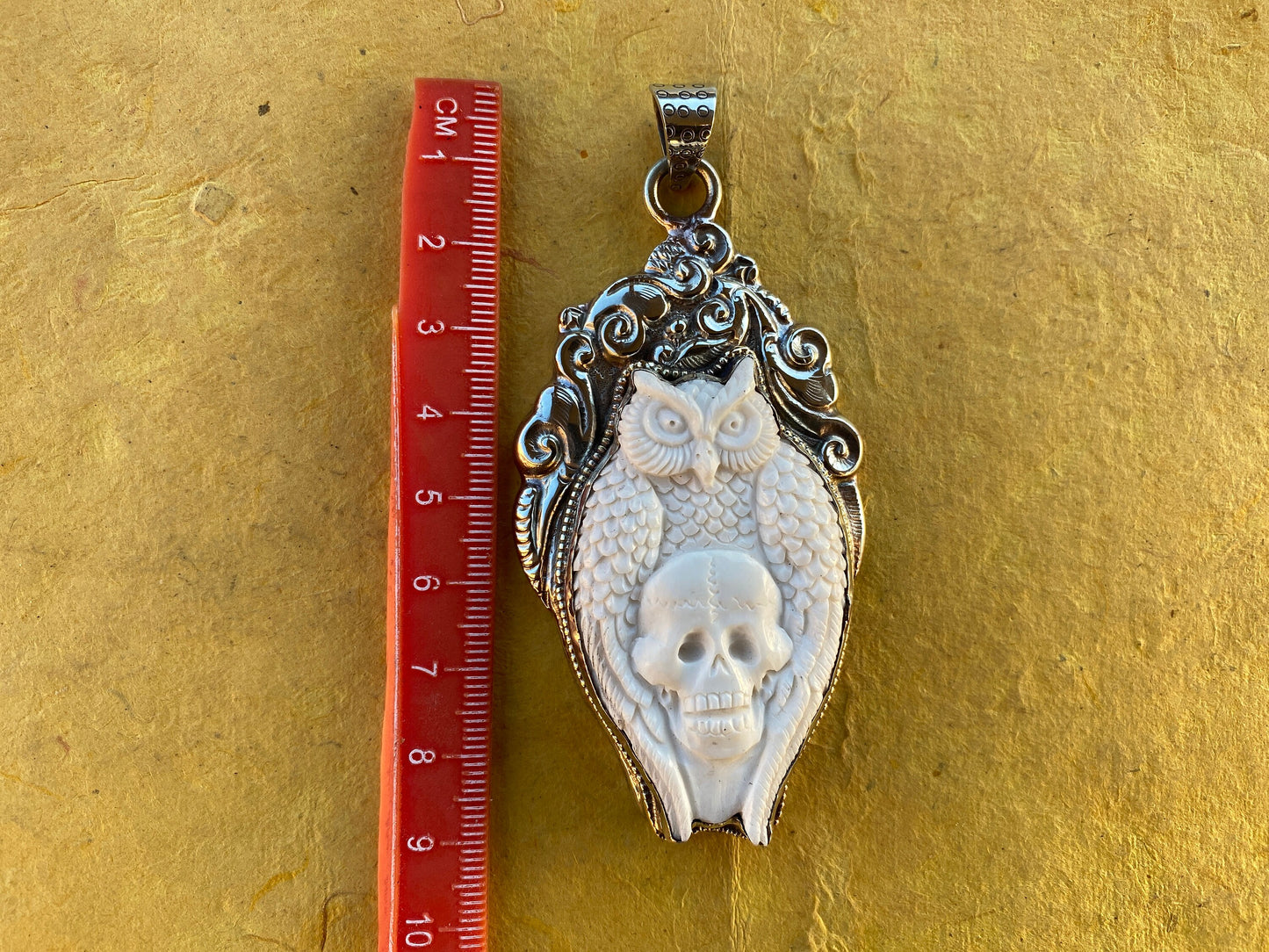 Large Skull with Owl Hand Carved Buffalo Bone Tibetan Silver Pendant, Bone Skull Jewelry for Men or Women, Ethnic Jewelry, Bone Locket