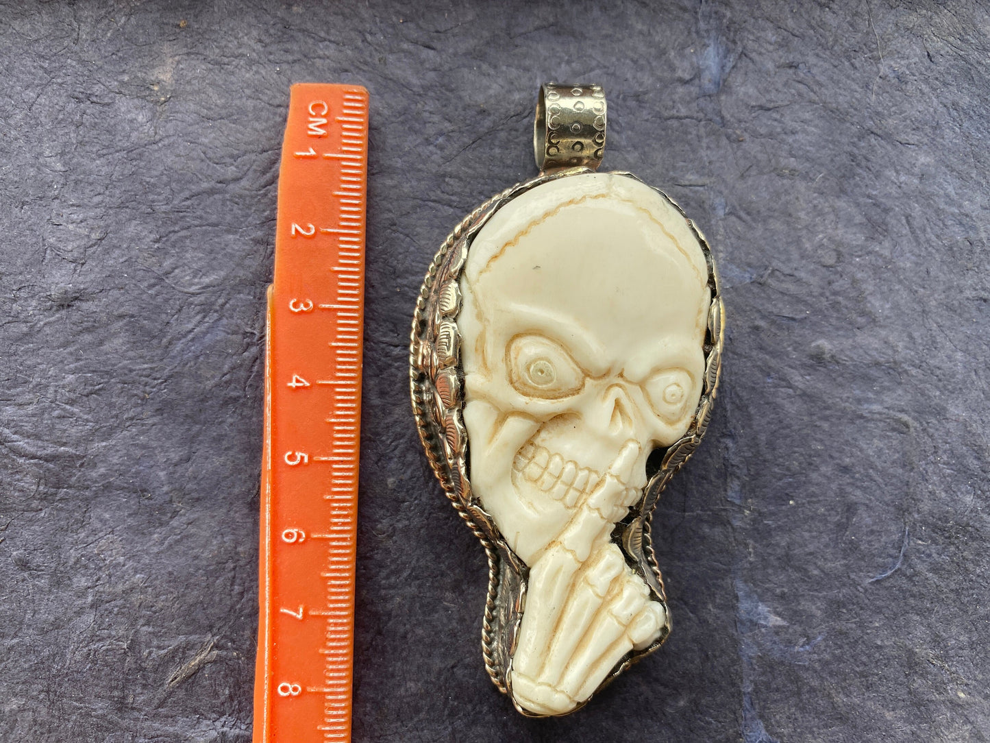 Large Skull with Skeleton Hand Bone Carved Tibetan Silver Pendant, Shut Up Sign, Funny Gift, Adult Gifts, Offensive Gifts, Teen Jewelry
