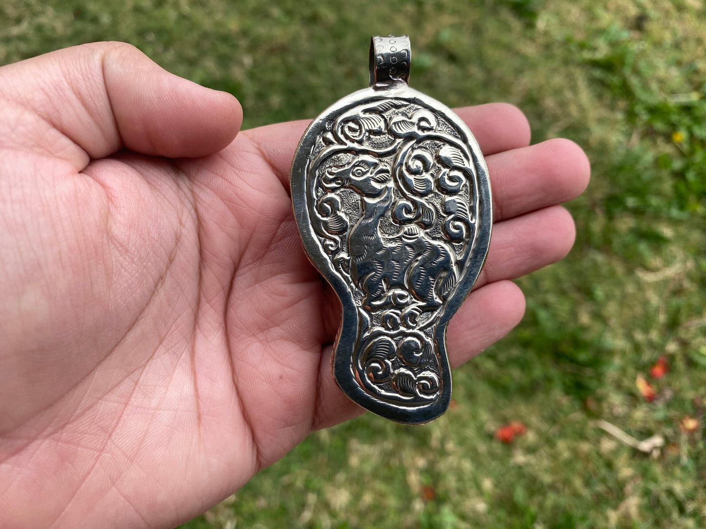 Large Skull with Skeleton Hand Bone Carved Tibetan Silver Pendant, Shut Up Sign, Funny Gift, Adult Gifts, Offensive Gifts, Teen Jewelry