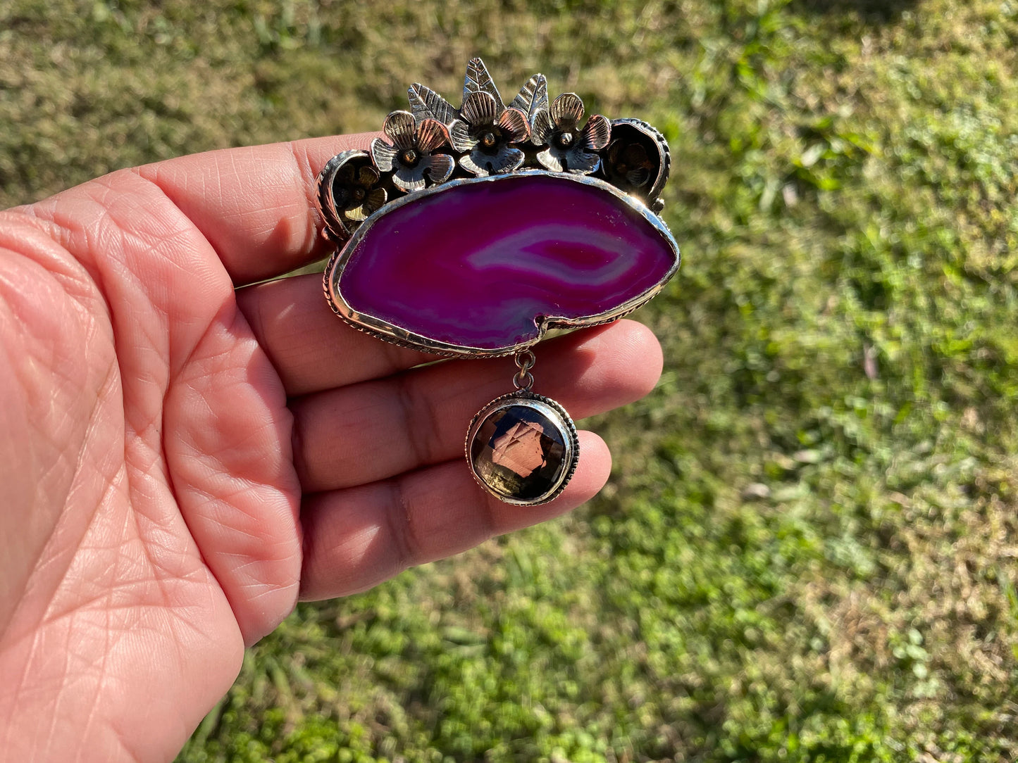 Large Slice Druzy Agate With Smoky Quartz Gemstone Tibetan Silver Pendant, Natural Stone, Flower Designs Necklace Pendant, Ethnic Jewelry
