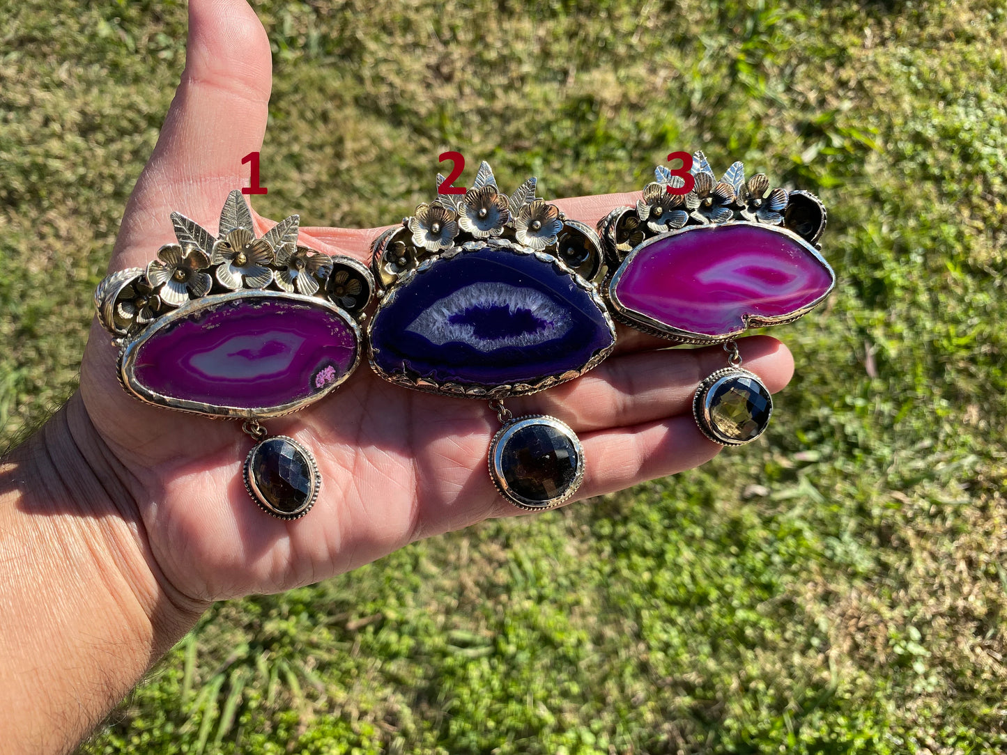 Large Slice Druzy Agate With Smoky Quartz Gemstone Tibetan Silver Pendant, Natural Stone, Flower Designs Necklace Pendant, Ethnic Jewelry
