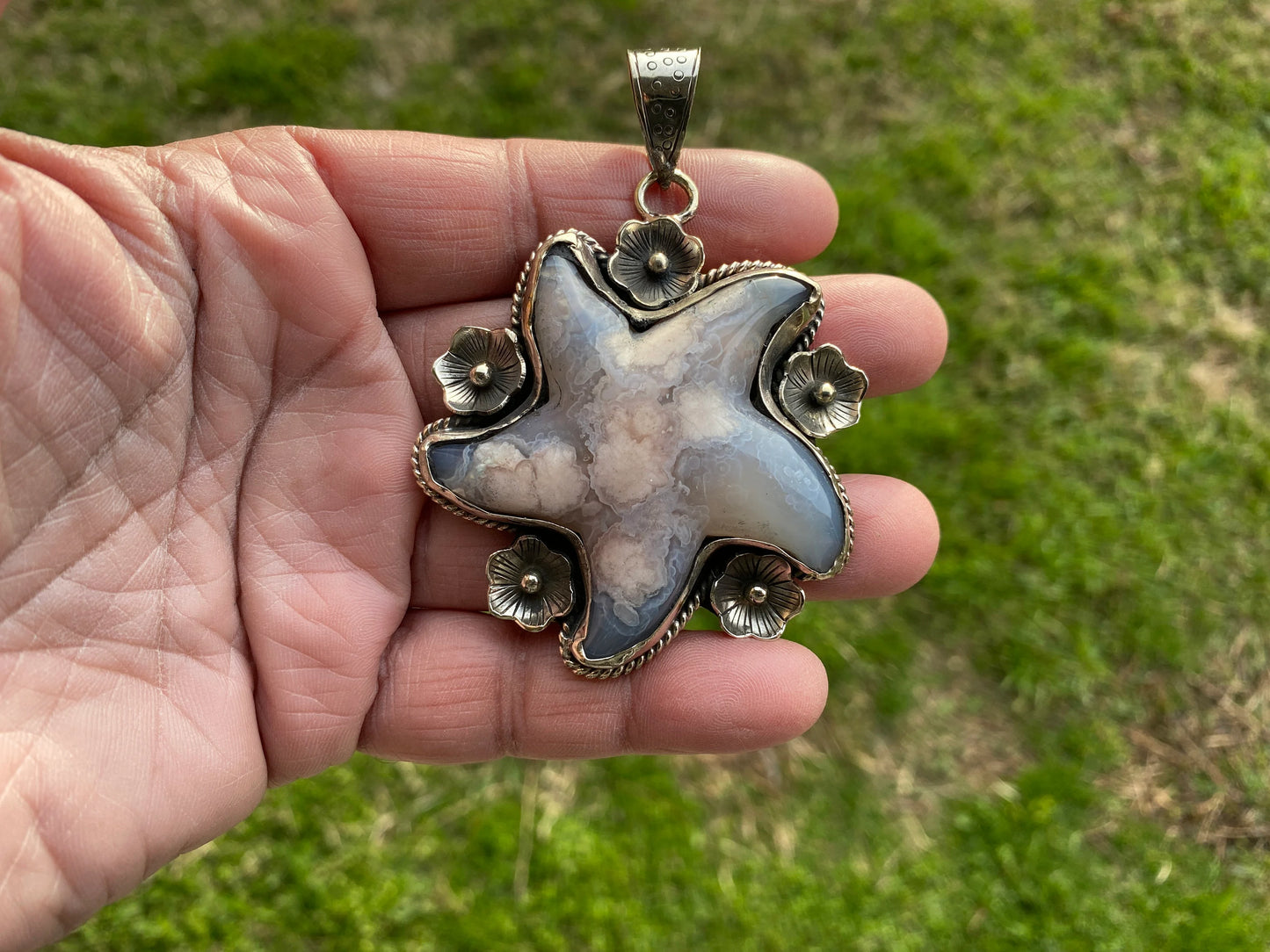 Large Starfish Lace Agate Natural Stone Tibetan Silver Pendant, Unique Christmas Gift, Focal Pendant, Cool Pendant, Healing Crystal Jewelry