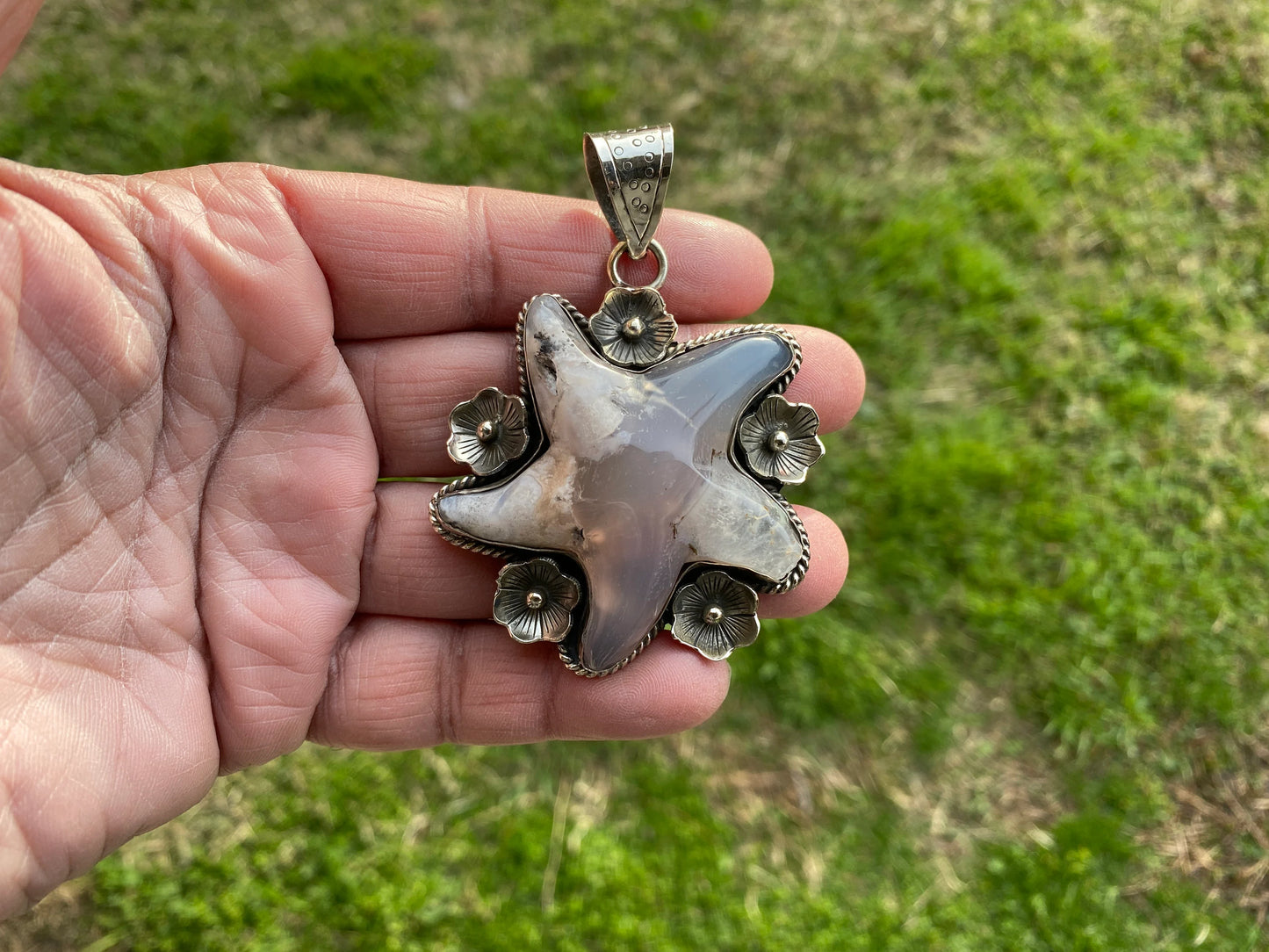 Large Starfish Lace Agate Natural Stone Tibetan Silver Pendant, Unique Christmas Gift, Focal Pendant, Cool Pendant, Healing Crystal Jewelry