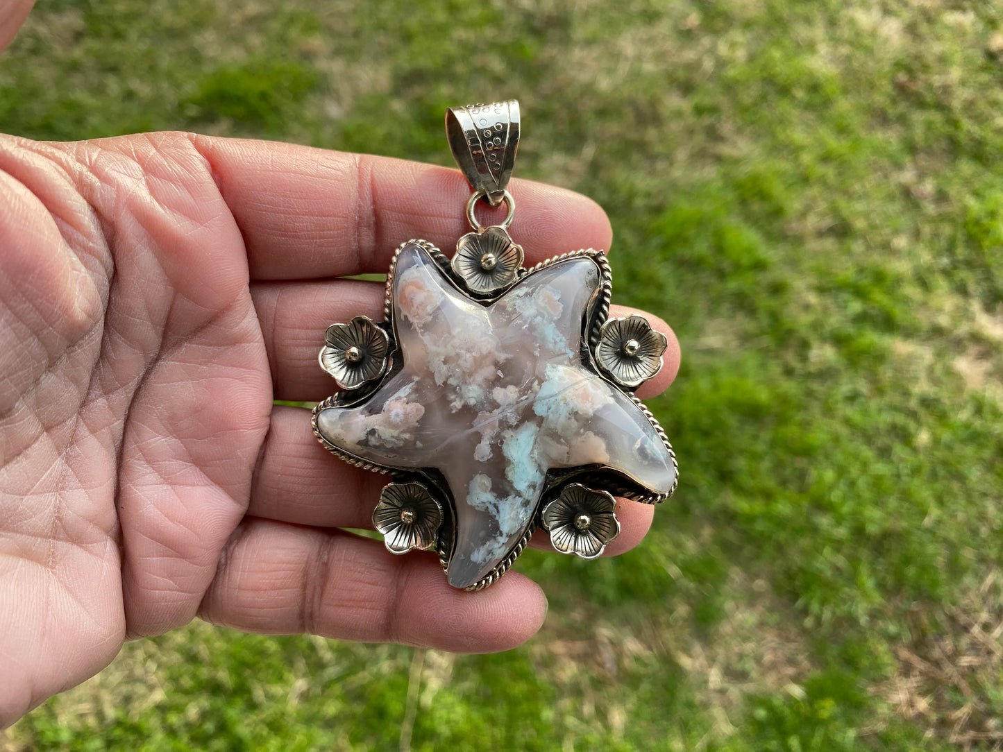 Large Starfish Lace Agate Natural Stone Tibetan Silver Pendant, Unique Christmas Gift, Focal Pendant, Cool Pendant, Healing Crystal Jewelry