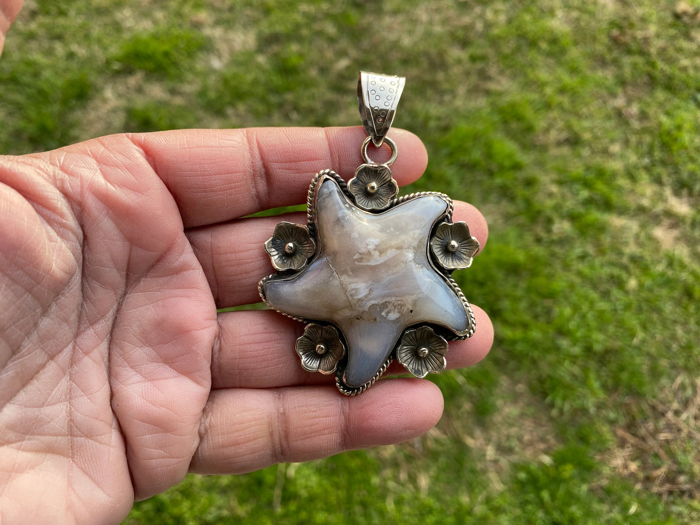 Large Starfish Lace Agate Natural Stone Tibetan Silver Pendant, Unique Christmas Gift, Focal Pendant, Cool Pendant, Healing Crystal Jewelry