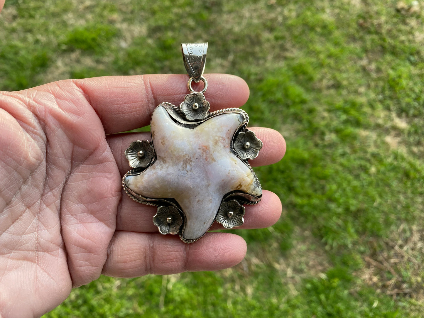Large Starfish Lace Agate Natural Stone Tibetan Silver Pendant, Unique Christmas Gift, Focal Pendant, Cool Pendant, Healing Crystal Jewelry