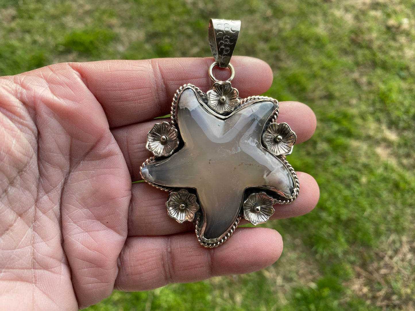 Large Starfish Tibetan Silver Pendant, Lace Agate Natural Stone, Unique Christmas Gift, Focal Pendant, Cool Pendant, Healing Crystal Jewelry