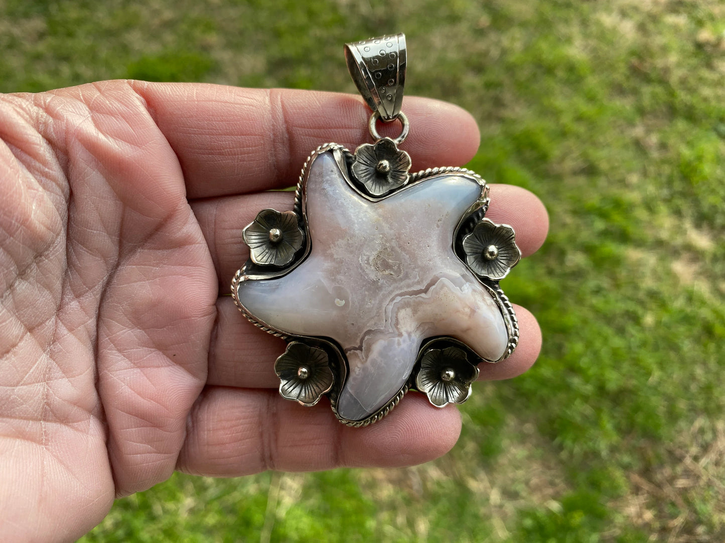 Large Starfish Tibetan Silver Pendant, Lace Agate Natural Stone, Unique Christmas Gift, Focal Pendant, Cool Pendant, Healing Crystal Jewelry