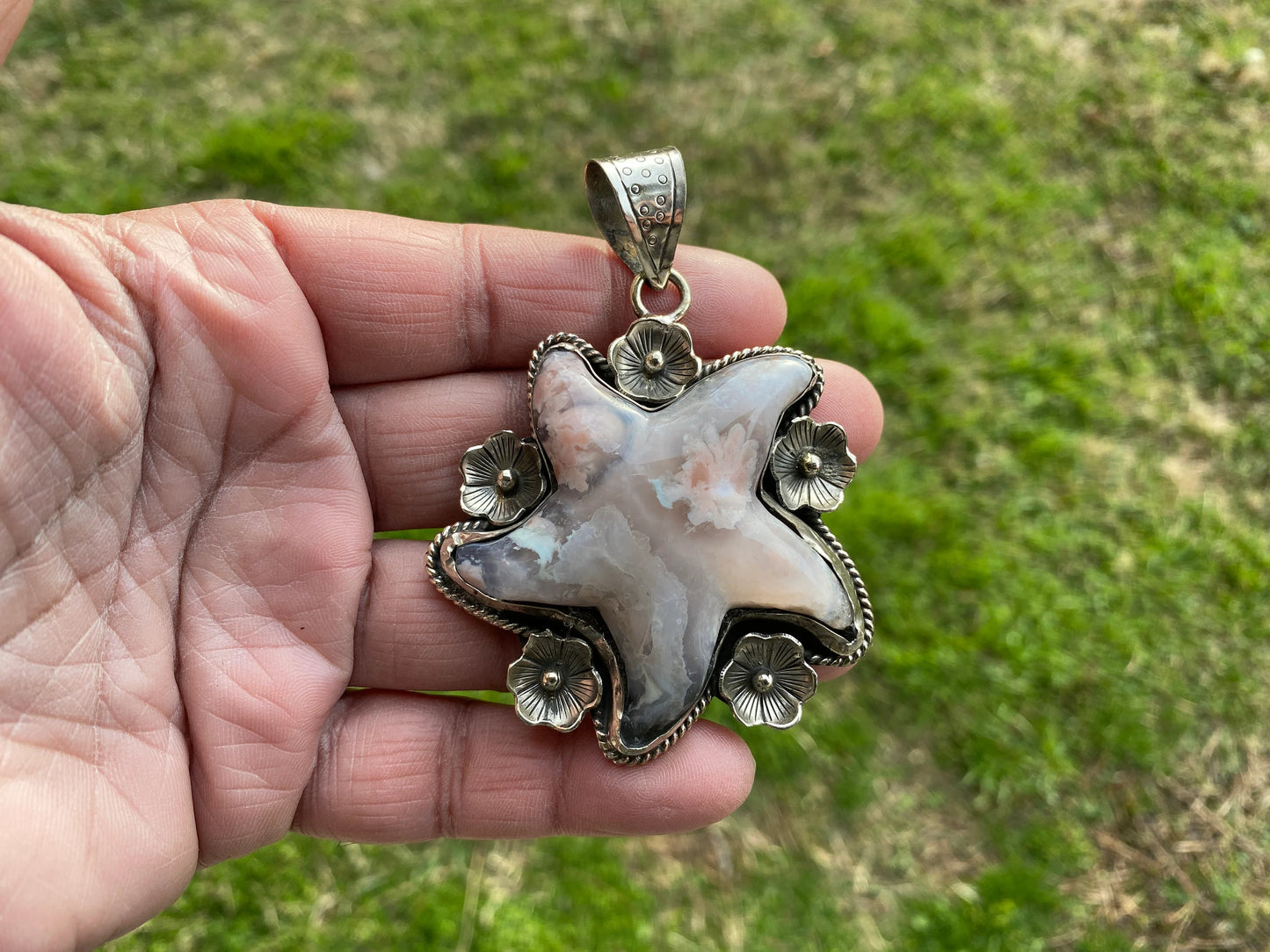 Large Starfish Tibetan Silver Pendant, Lace Agate Natural Stone, Unique Christmas Gift, Focal Pendant, Cool Pendant, Healing Crystal Jewelry