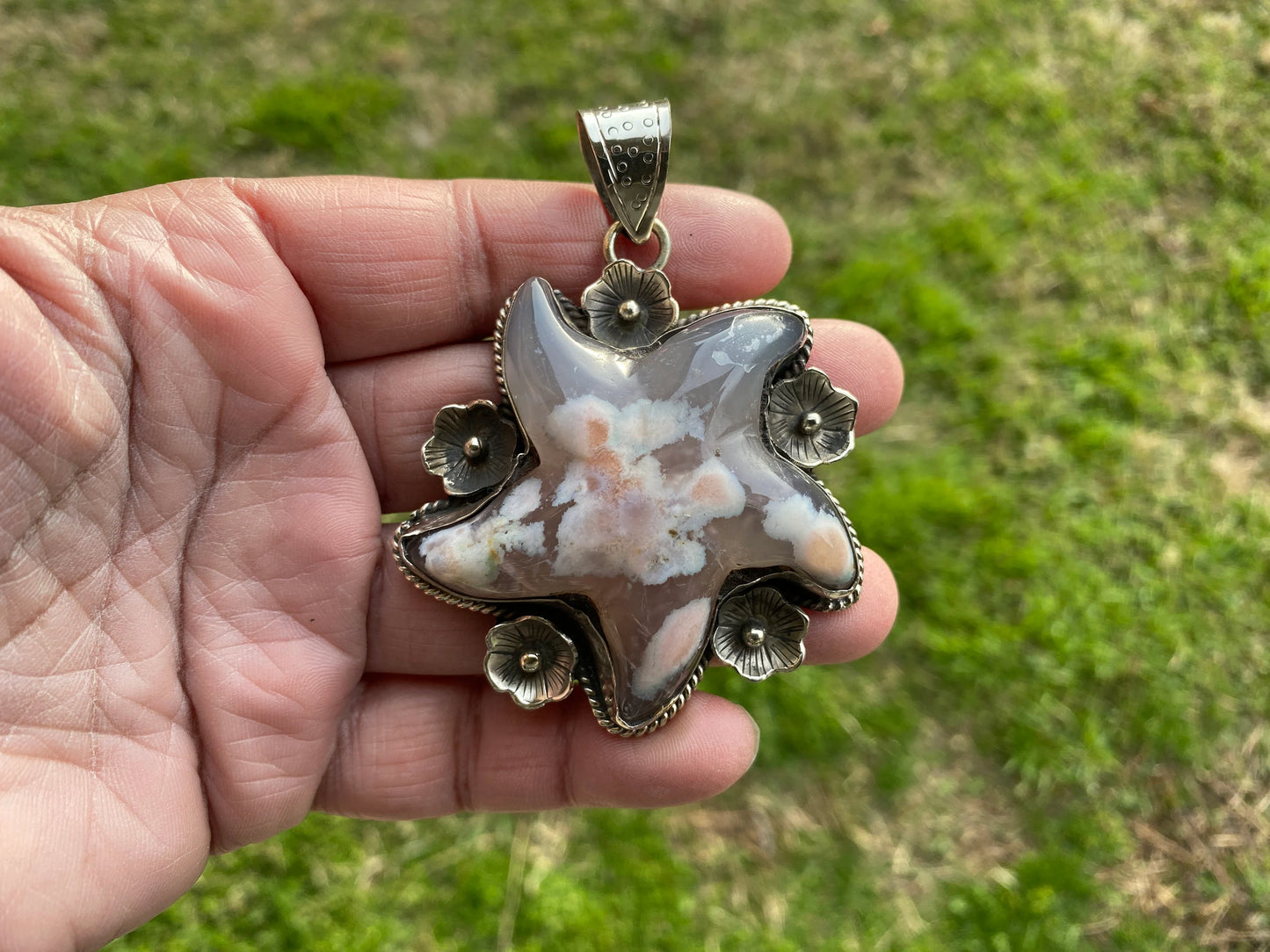 Large Starfish Tibetan Silver Pendant, Lace Agate Natural Stone, Unique Christmas Gift, Focal Pendant, Cool Pendant, Healing Crystal Jewelry