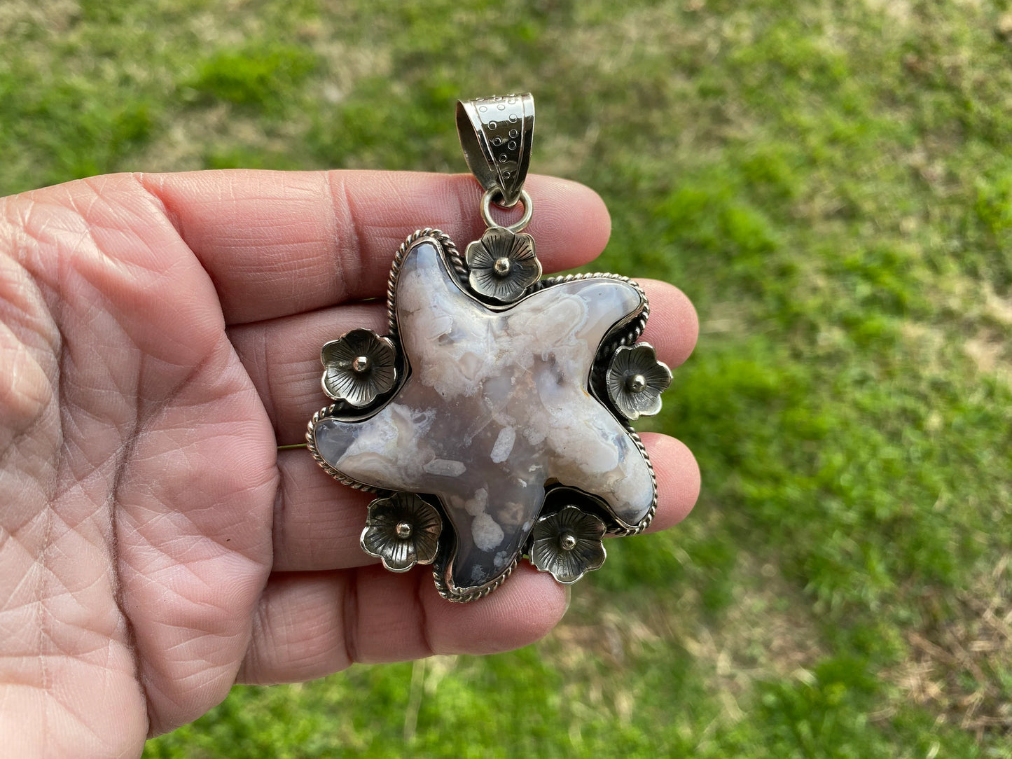 Large Starfish Tibetan Silver Pendant, Lace Agate Natural Stone, Unique Christmas Gift, Focal Pendant, Cool Pendant, Healing Crystal Jewelry