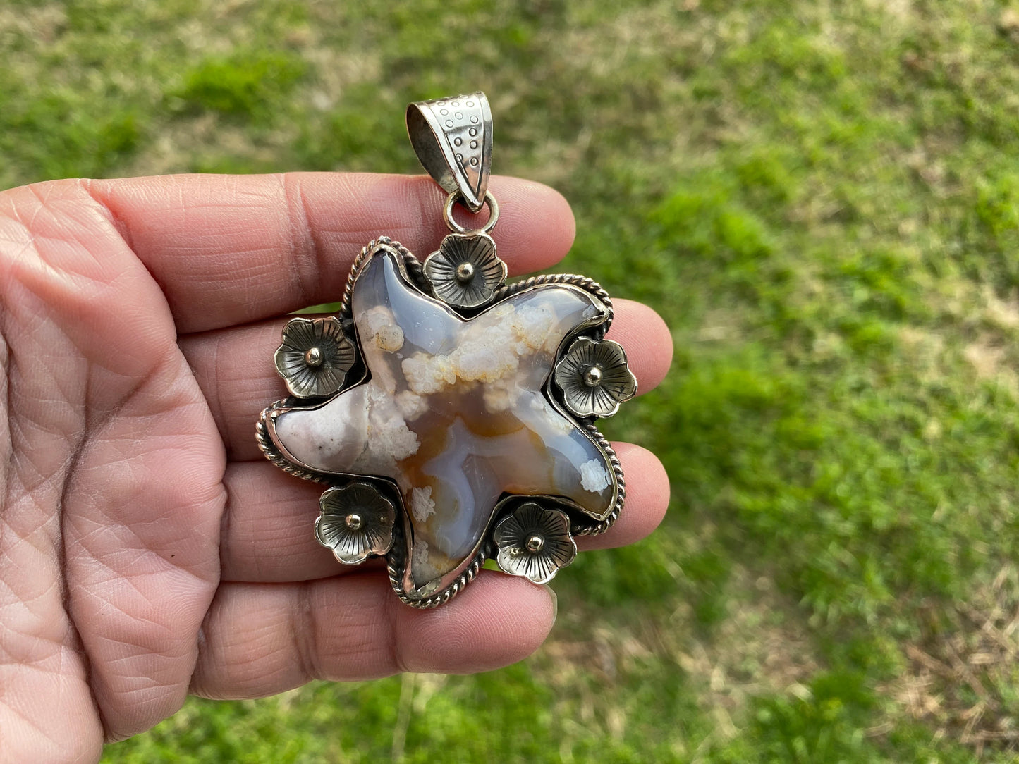 Large Starfish Tibetan Silver Pendant, Lace Agate Natural Stone, Unique Christmas Gift, Focal Pendant, Cool Pendant, Healing Crystal Jewelry