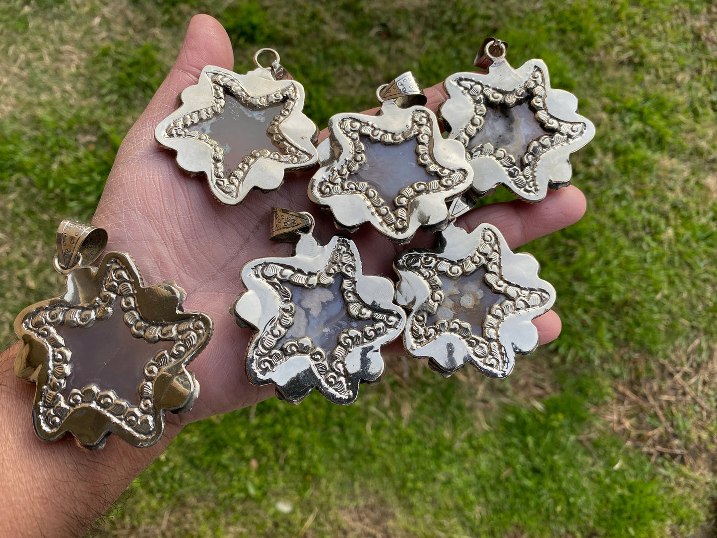 Large Starfish Tibetan Silver Pendant, Lace Agate Natural Stone, Unique Christmas Gift, Focal Pendant, Cool Pendant, Healing Crystal Jewelry