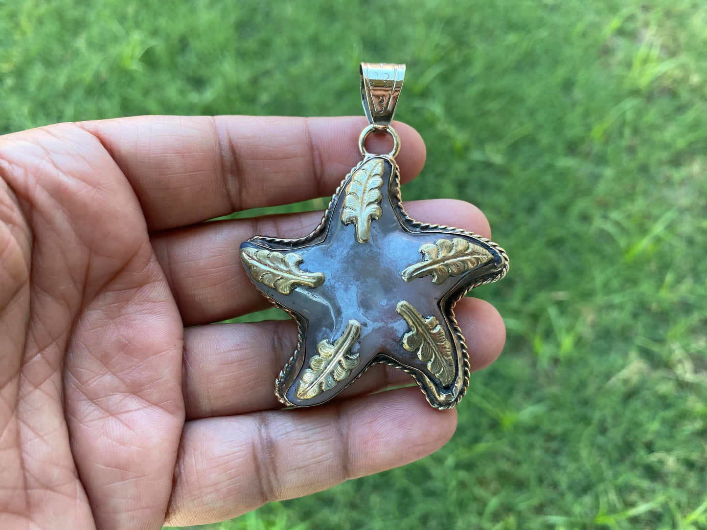Large Stone Starfish Druzy Agate Tibetan Silver Pendant, Unique Christmas Gift, Focal Pendant, Natural Stone Cool Pendant, Healing Crystal