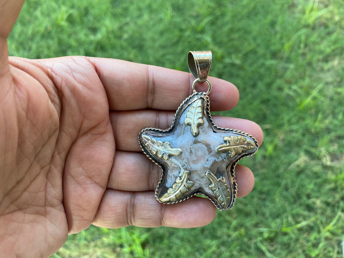 Large Stone Starfish Druzy Agate Tibetan Silver Pendant, Unique Christmas Gift, Focal Pendant, Natural Stone Cool Pendant, Healing Crystal