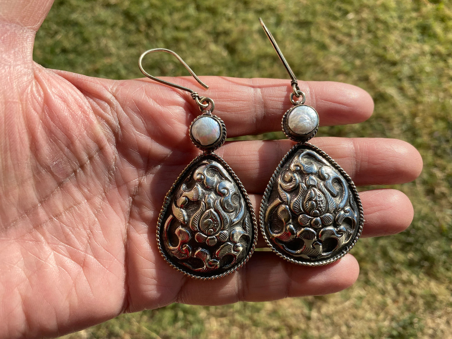 Large Tibetan Silver Earrings, Natural Pearl, Birthstone Earrings, Birthday Gift, Dangle Earrings, Bridesmaid Earring, Light Weight Earrings