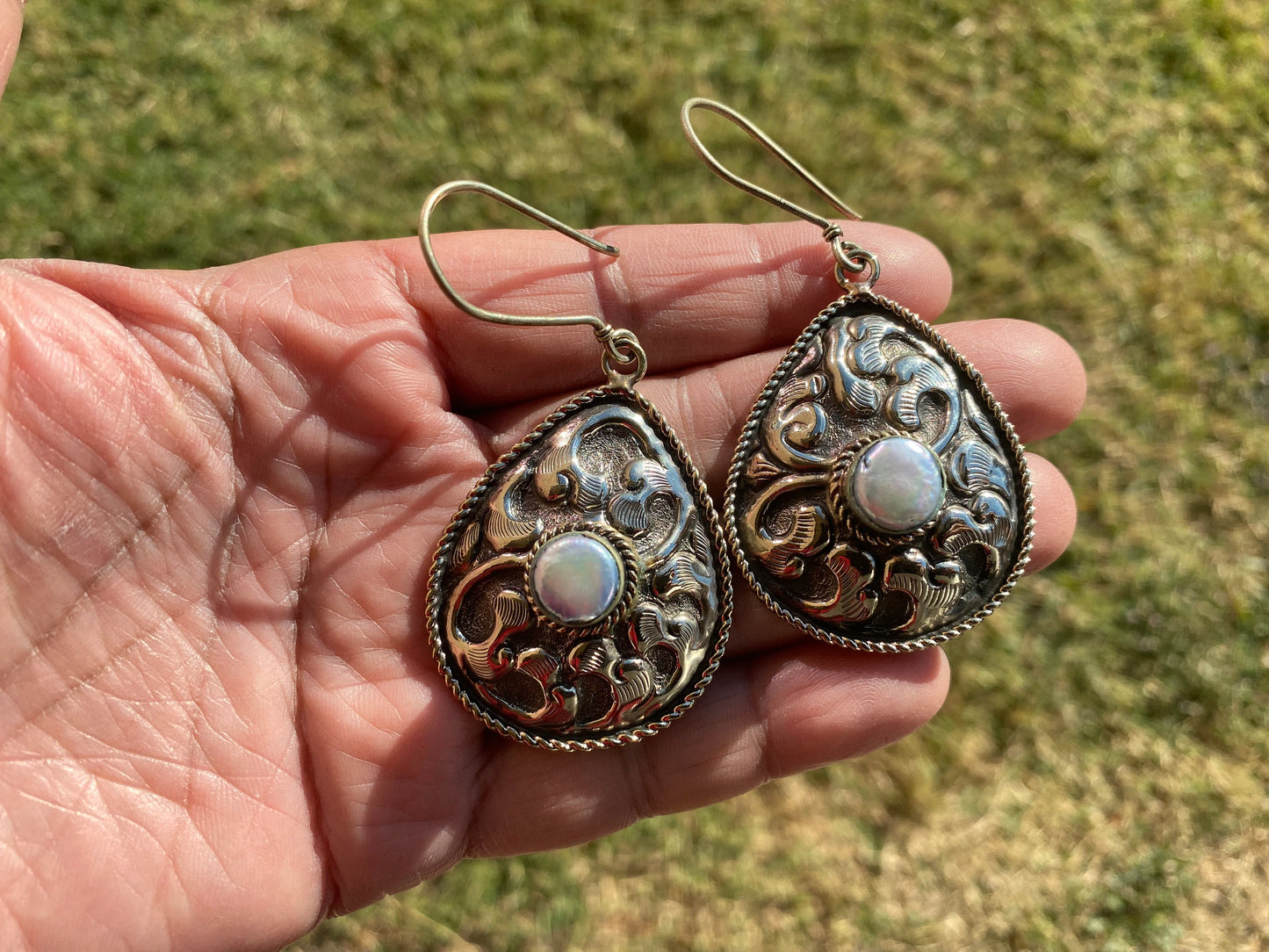 Large Tibetan Silver Earrings, Natural Pearl, Birthstone Earrings, Birthday Gift, Dangle Earrings, Bridesmaid Earring, Light Weight Earrings