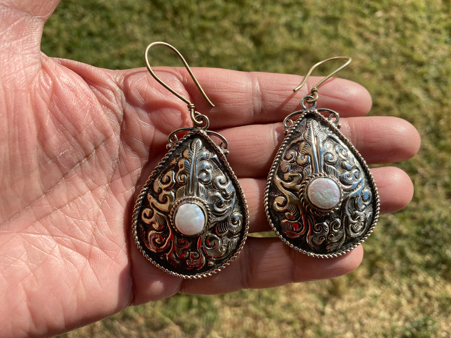 Large Tibetan Silver Earrings, Natural Pearl, Birthstone Earrings, Birthday Gift, Dangle Earrings, Bridesmaid Earring, Light Weight Earrings