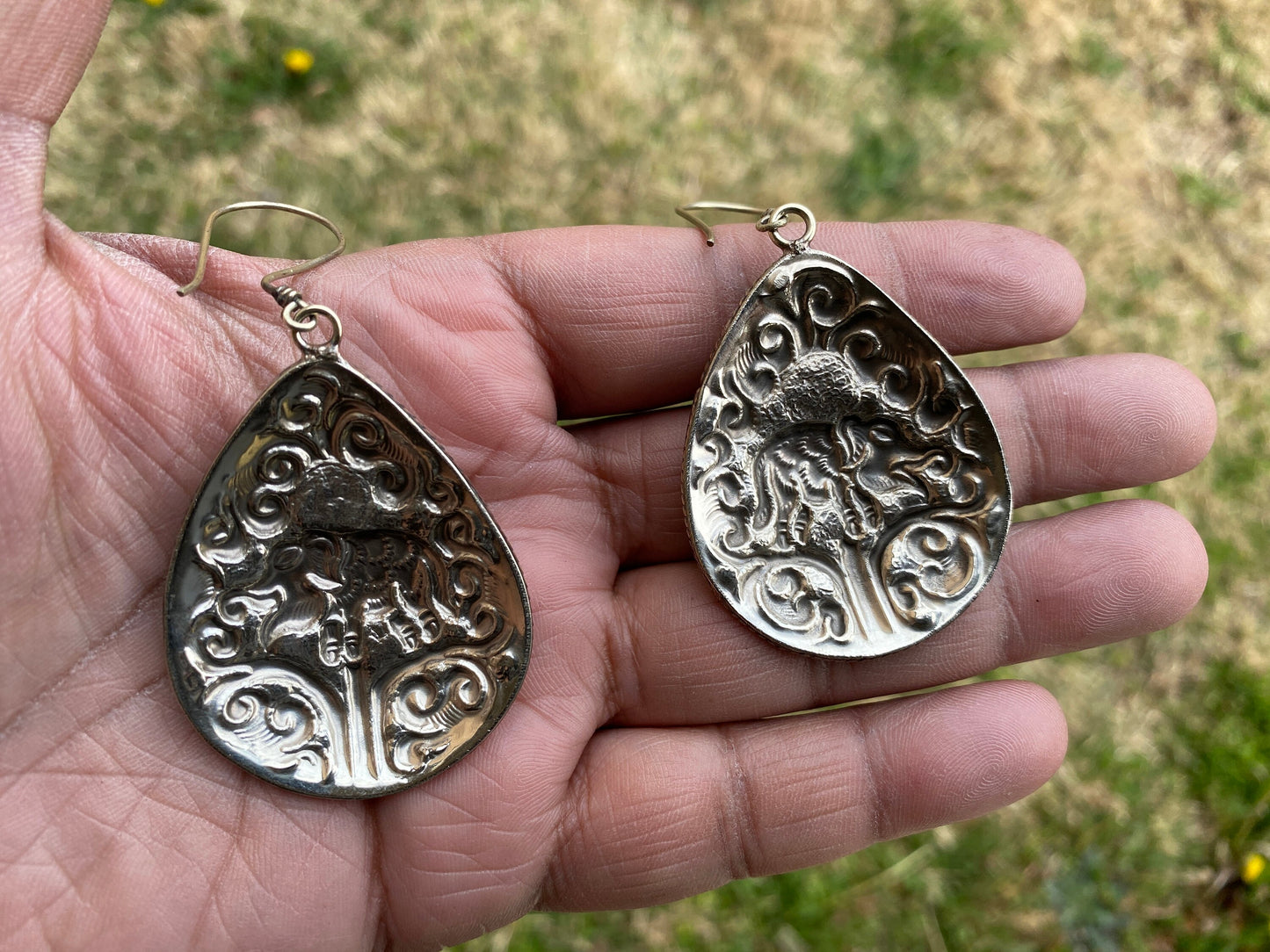 Large Tibetan Silver Elephant Design Earrings, Red Coral Stone, Birthstone Earring, Birthday Gift, Bridesmaid Earring, Light Weight Earring