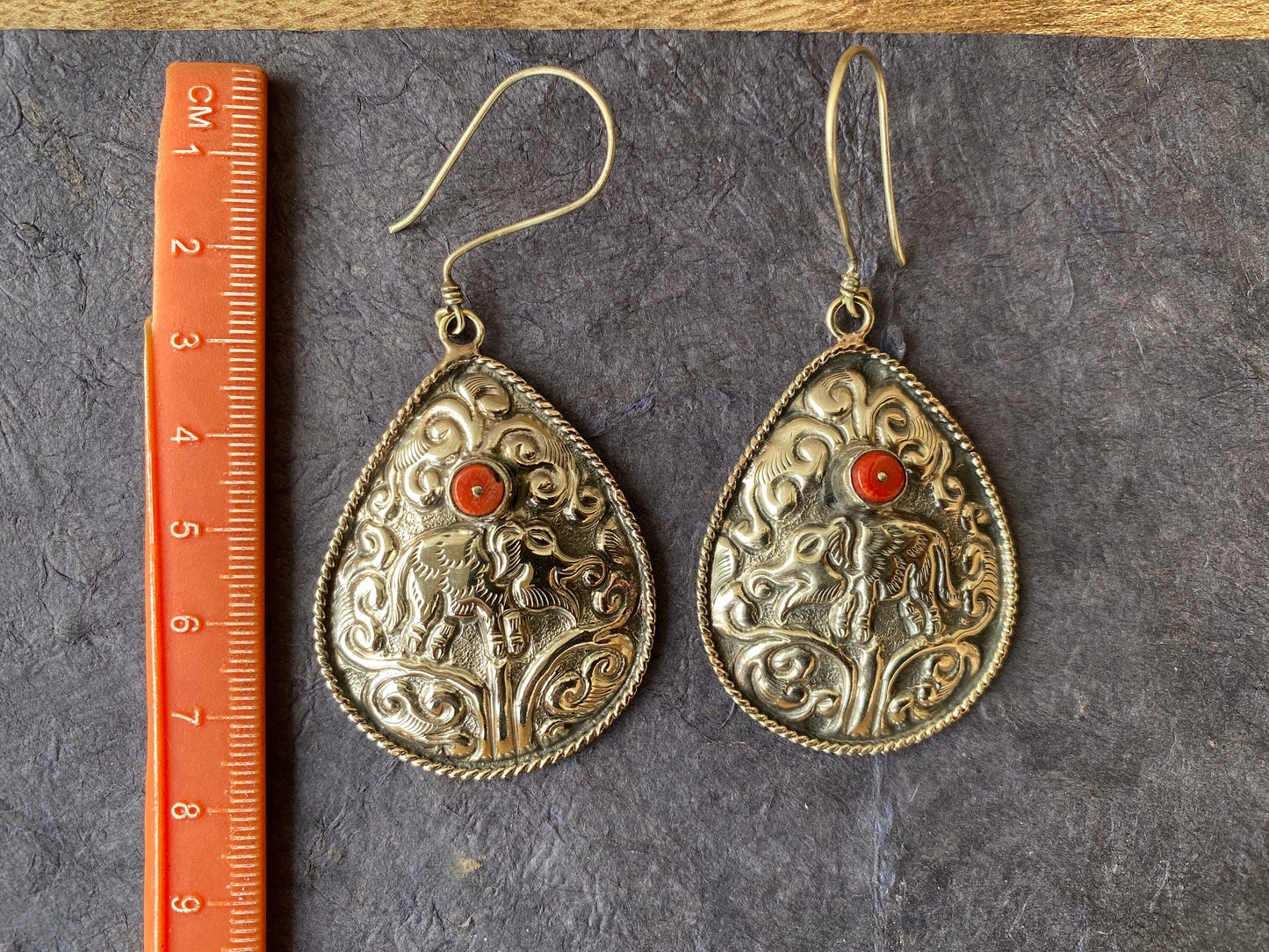 Large Tibetan Silver Elephant Design Earrings, Red Coral Stone, Birthstone Earring, Birthday Gift, Bridesmaid Earring, Light Weight Earring
