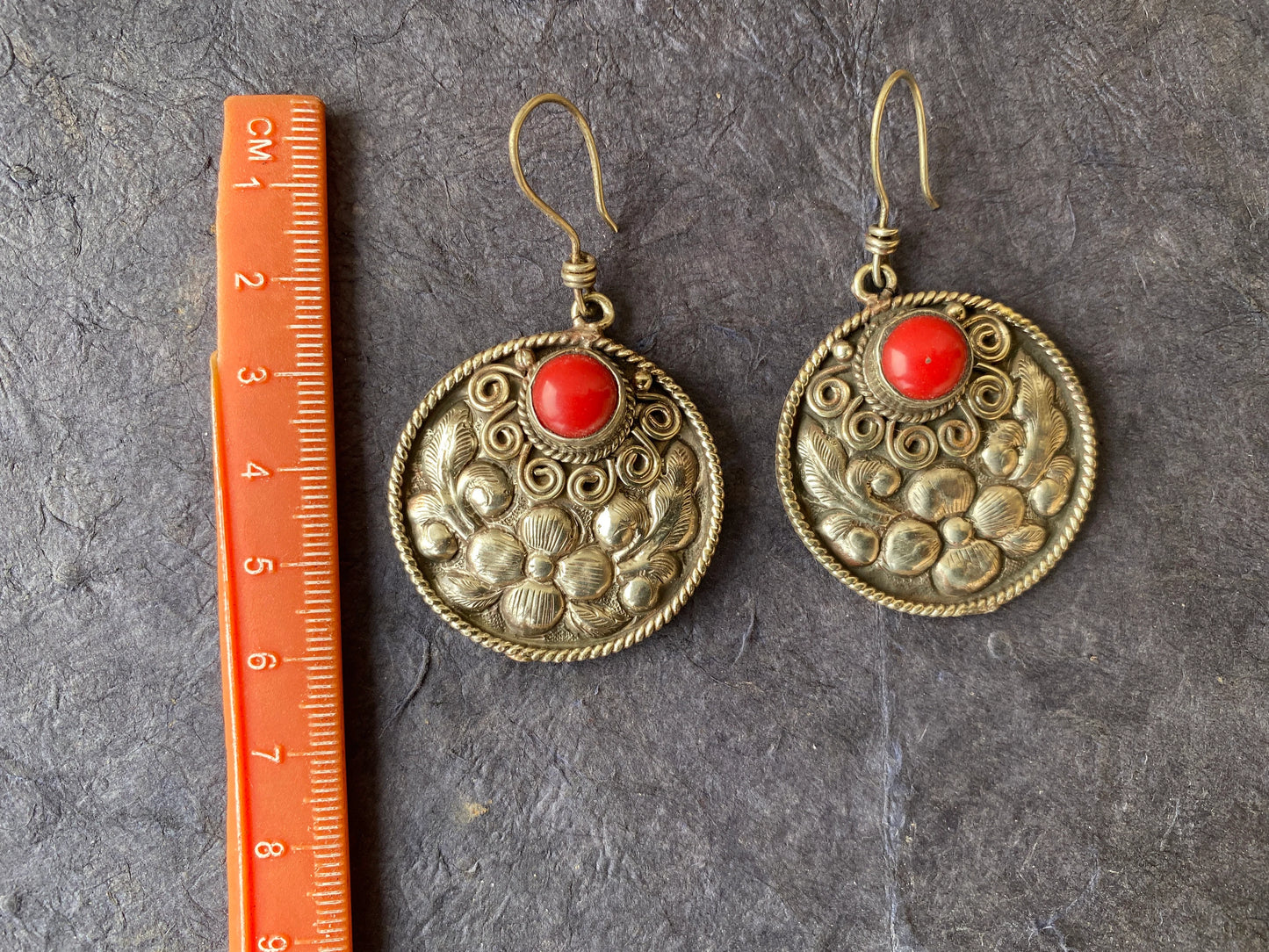 Large Tibetan Silver Flower Design Earrings, Red Coral Stone, Birthstone Earring, Birthday Gift, Bridesmaid Earring, Light Weight Earring