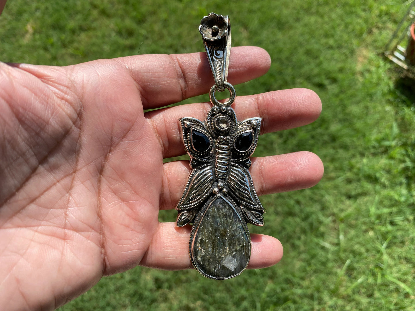 Large Tibetan Silver Pendant, Labradorite Natural Stone, Black Onyx Gemstone, Tibetan Jewelry, Ethnic Jewelry, Pendant for Necklace