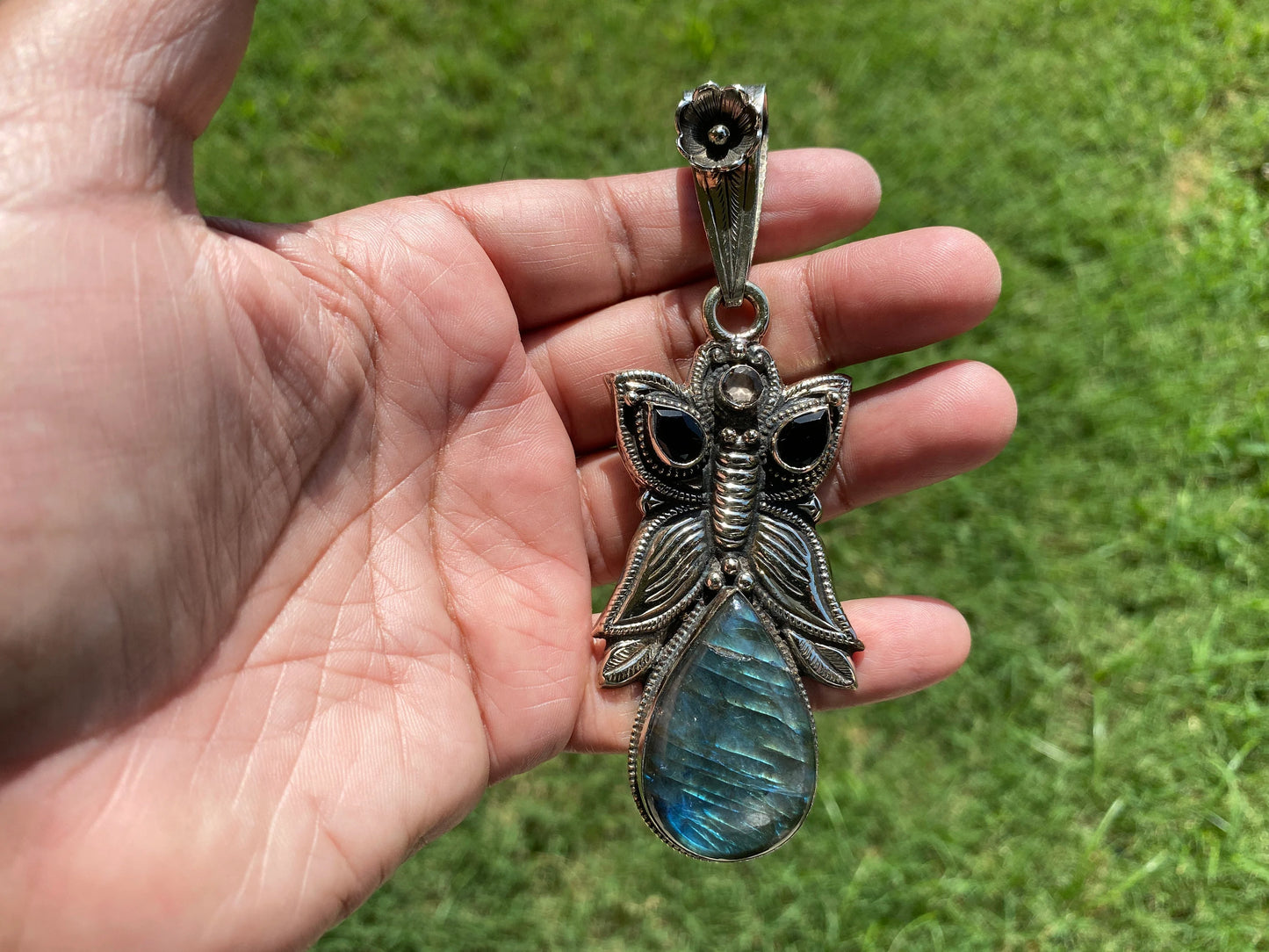Large Tibetan Silver Pendant, Labradorite Natural Stone, Black Onyx Gemstone, Tibetan Jewelry, Ethnic Jewelry, Pendant for Necklace