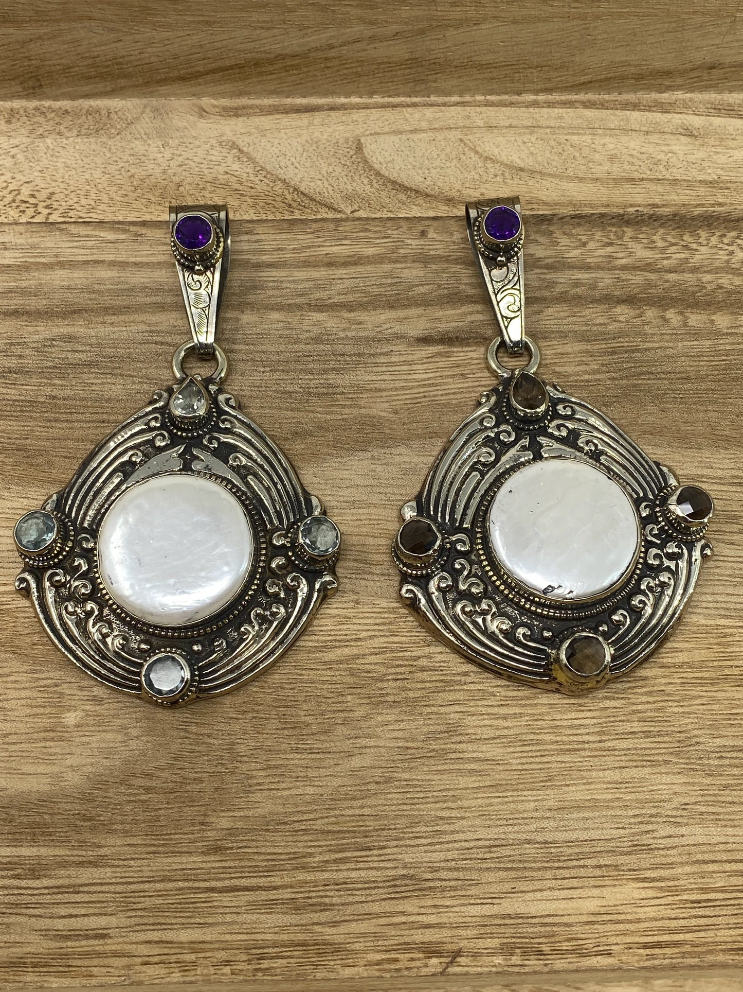 Large Tibetan Silver Pendant, Mother of Pearl, Faceted Amethyst, Aquamarine or Smoky Topaz, Hand carved Animal Designs on the Back, Jewelry