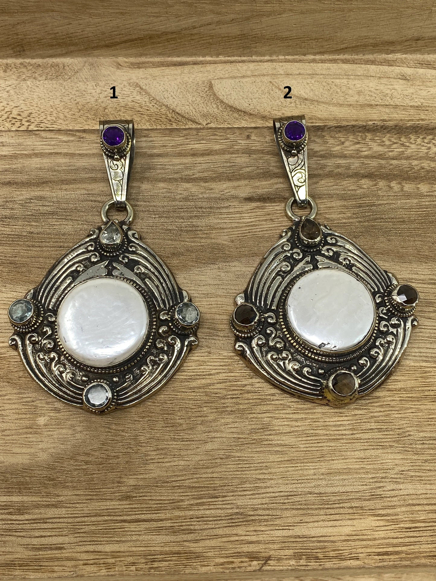Large Tibetan Silver Pendant, Mother of Pearl, Faceted Amethyst, Aquamarine or Smoky Topaz, Hand carved Animal Designs on the Back, Jewelry
