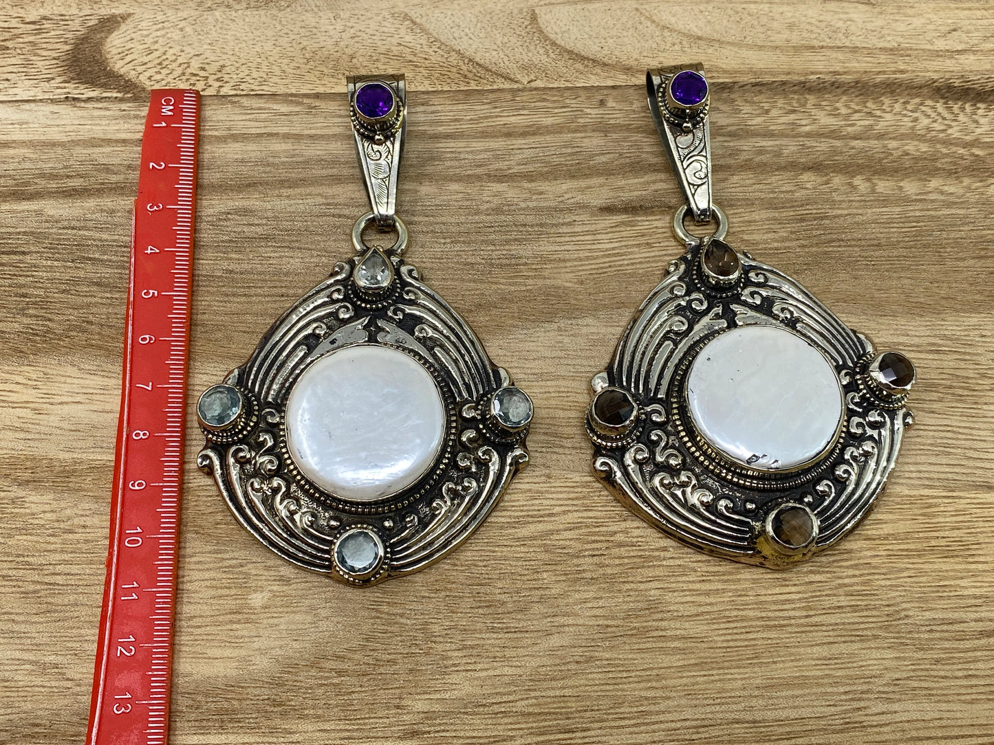 Large Tibetan Silver Pendant, Mother of Pearl, Faceted Amethyst, Aquamarine or Smoky Topaz, Hand carved Animal Designs on the Back, Jewelry