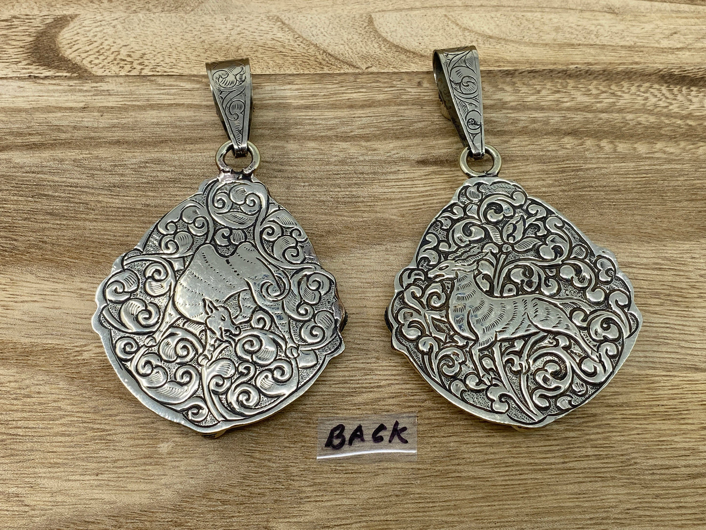 Large Tibetan Silver Pendant, Mother of Pearl, Faceted Amethyst, Aquamarine or Smoky Topaz, Hand carved Animal Designs on the Back, Jewelry