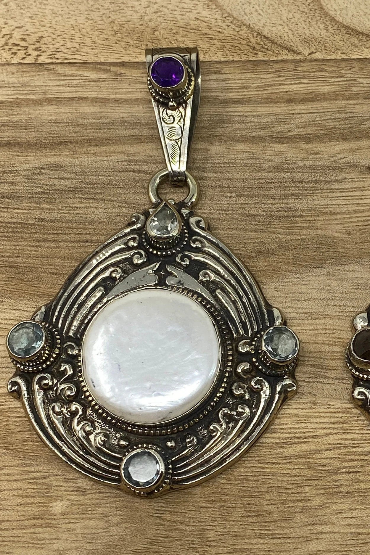 Large Tibetan Silver Pendant, Mother of Pearl, Faceted Amethyst, Aquamarine or Smoky Topaz, Hand carved Animal Designs on the Back, Jewelry