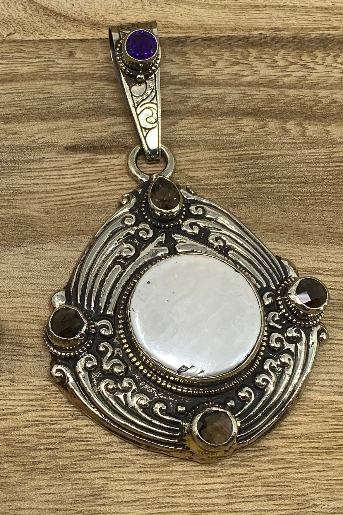 Large Tibetan Silver Pendant, Mother of Pearl, Faceted Amethyst, Aquamarine or Smoky Topaz, Hand carved Animal Designs on the Back, Jewelry