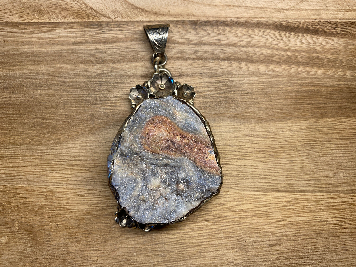 Large Tibetan Silver Pendant, Natural Druzy, Handcrafted Around, Animal Carving , Relaxation, Stress Relief, Healing, Meditation Jewelry