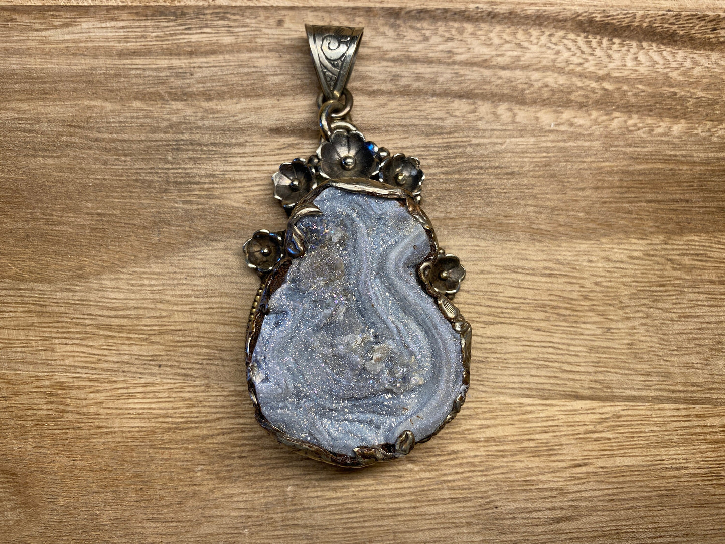 Large Tibetan Silver Pendant, Natural Druzy, Handcrafted Around, Animal Carving , Relaxation, Stress Relief, Healing, Meditation Jewelry