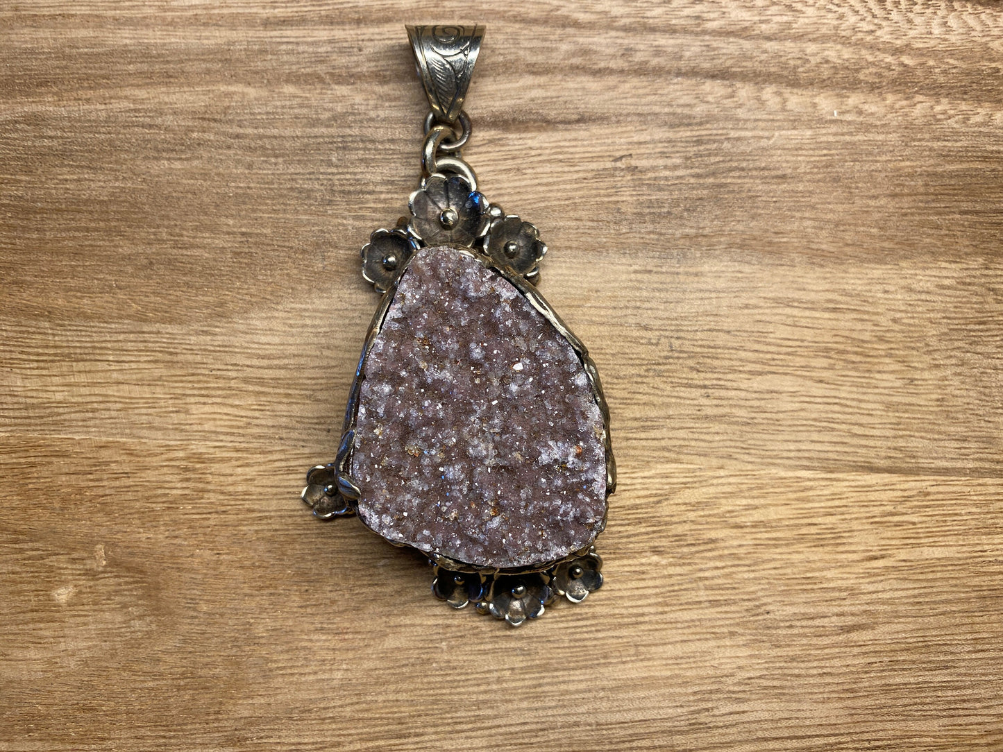 Large Tibetan Silver Pendant, Natural Druzy, Handcrafted Around, Animal Carving , Relaxation, Stress Relief, Healing, Meditation Jewelry