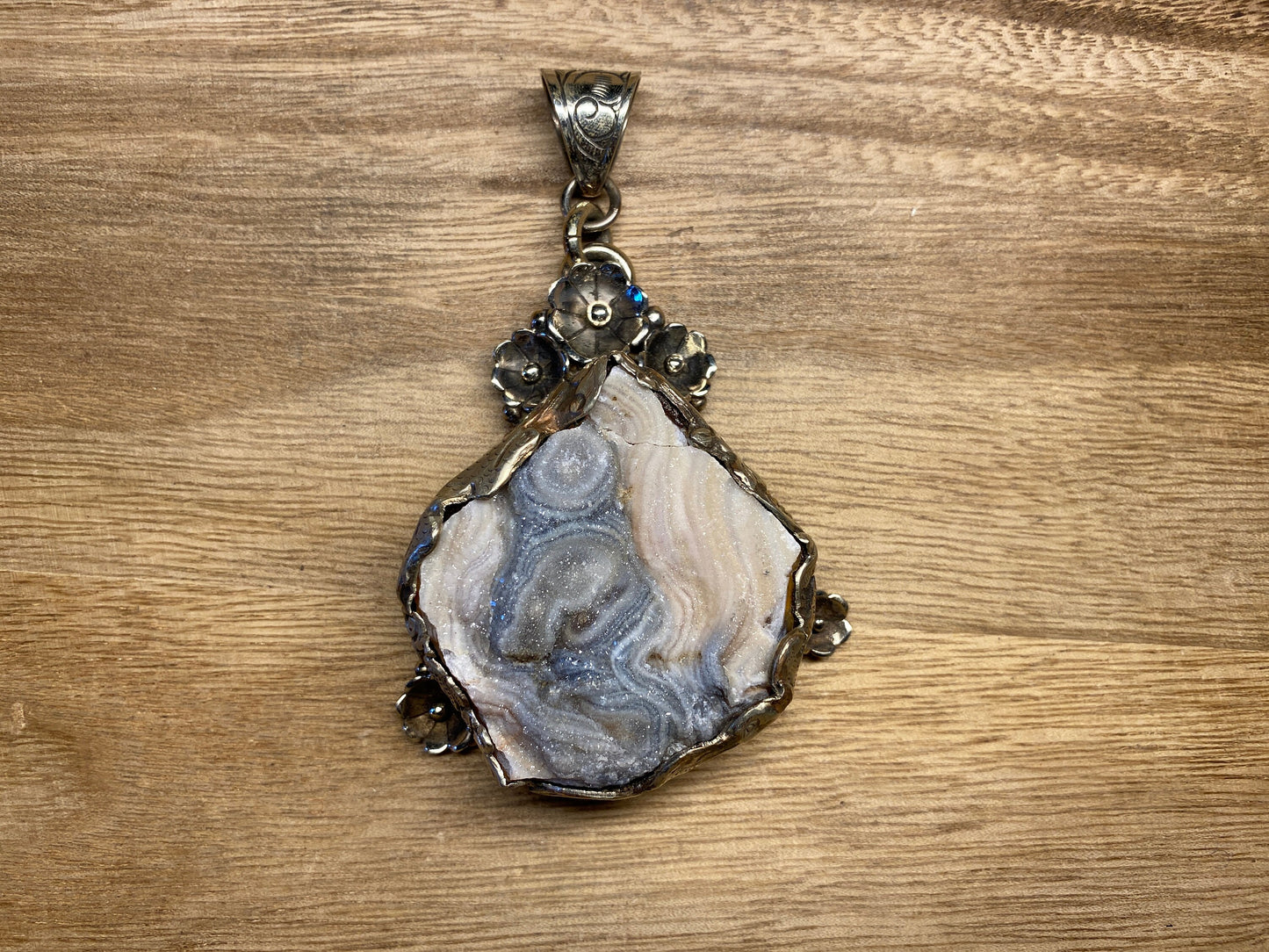 Large Tibetan Silver Pendant, Natural Druzy, Handcrafted Around, Animal Carving , Relaxation, Stress Relief, Healing, Meditation Jewelry