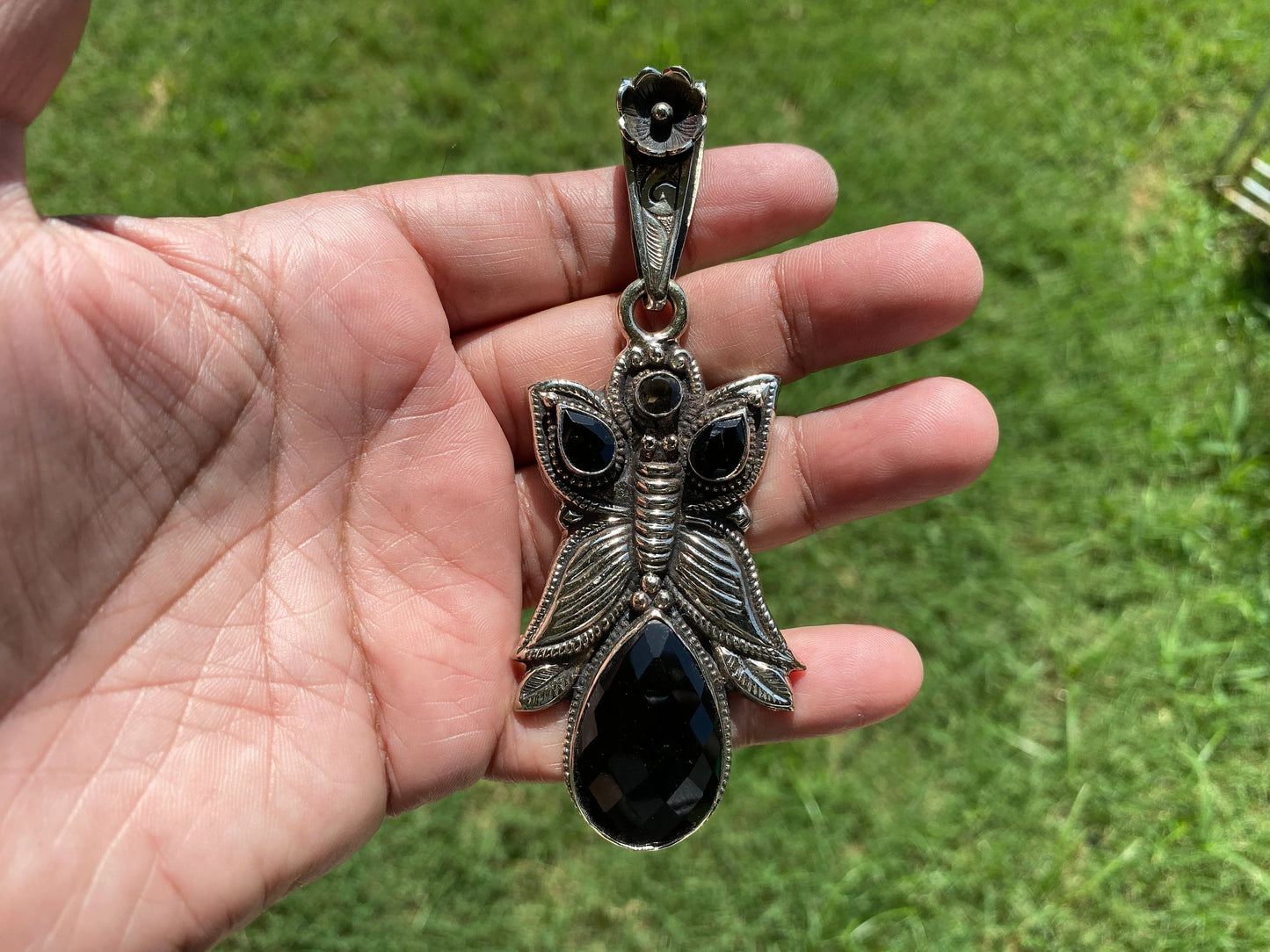 Large Tibetan Silver Pendant, Black Onyx Natural Stone, Smoky Topaz Gemstone,Tibetan Jewelry From Nepal, Ethnic Jewelry,Pendant for Necklace