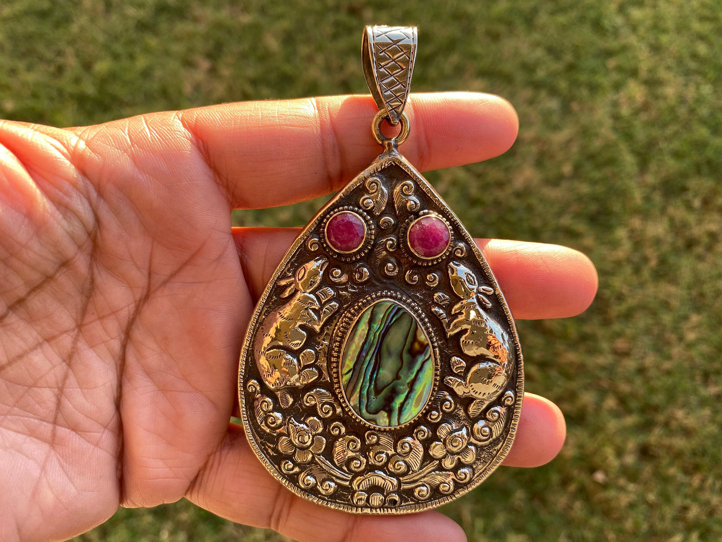 Large Tibetan Silver Pendant, Abalone with Ruby or Citrine Gemstone, Hand carved Jewelry from Nepal, Ethnic Tribe Jewelry,Birthstone Pendant